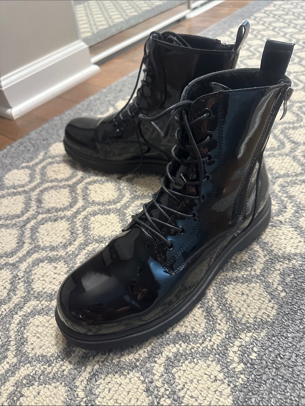 Black Patent Lace-Up Combat Boots - Women